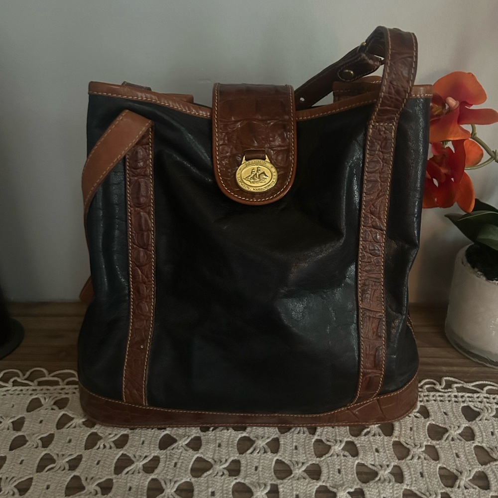 BRAHMIN Vintage Black & Pecan TUSCAN Leather Shoulder Tote Bag Made in USA